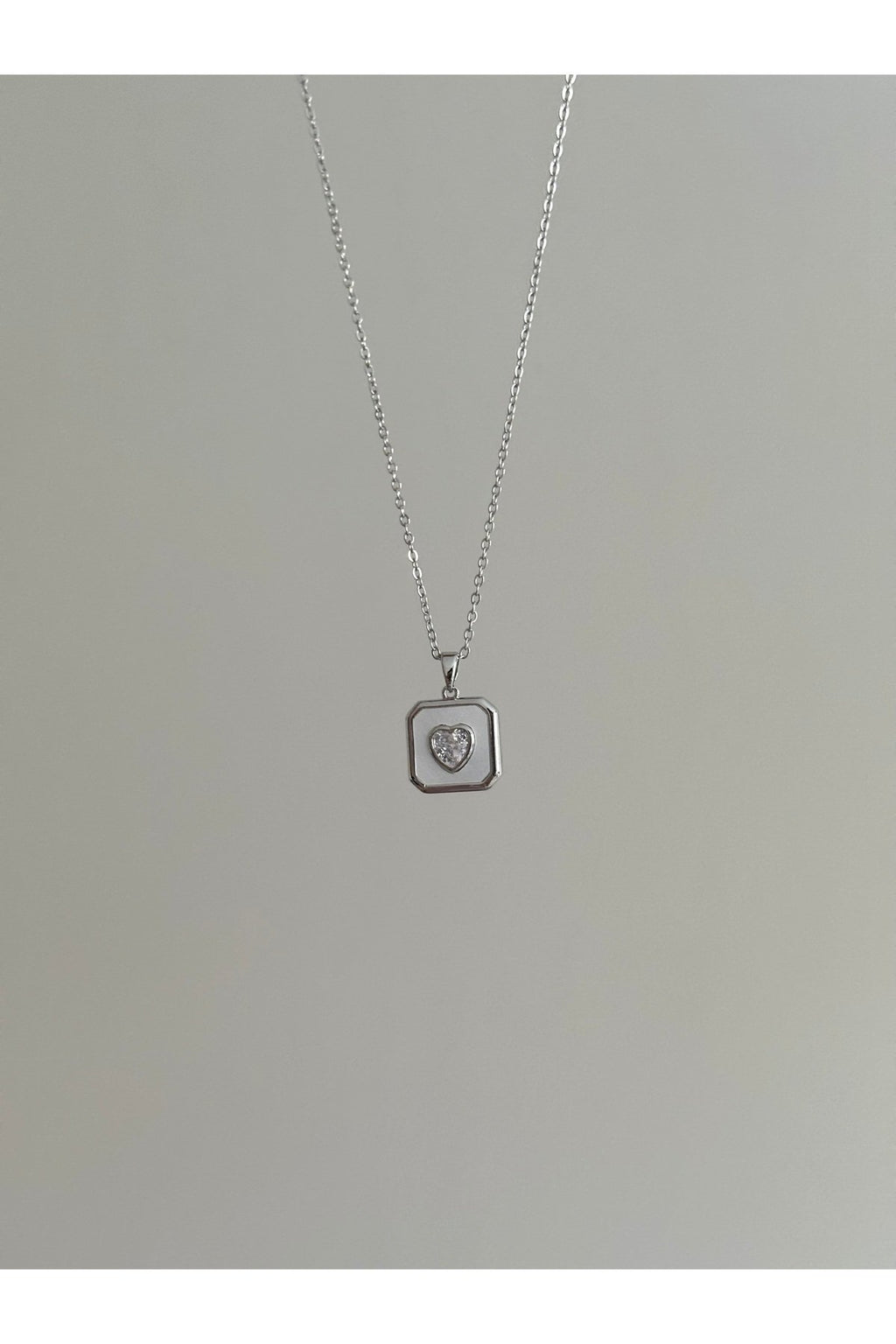 Steel Silver Color Stone-Set Square Medallion Heart Necklace