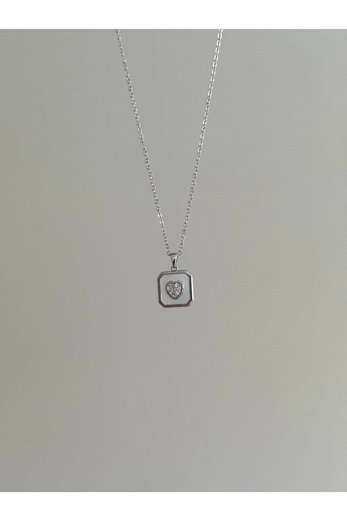 Steel Silver Color Stone-Set Square Medallion Heart Necklace