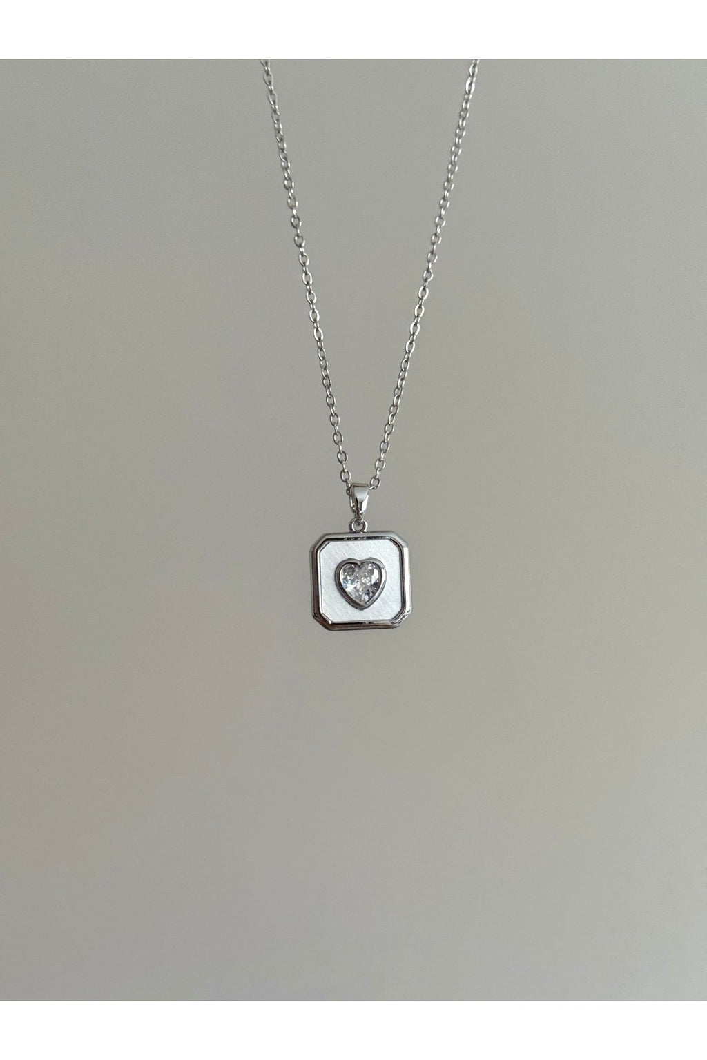 Steel Silver Color Stone-Set Square Medallion Heart Necklace