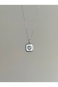 Steel Silver Color Stone-Set Square Medallion Heart Necklace