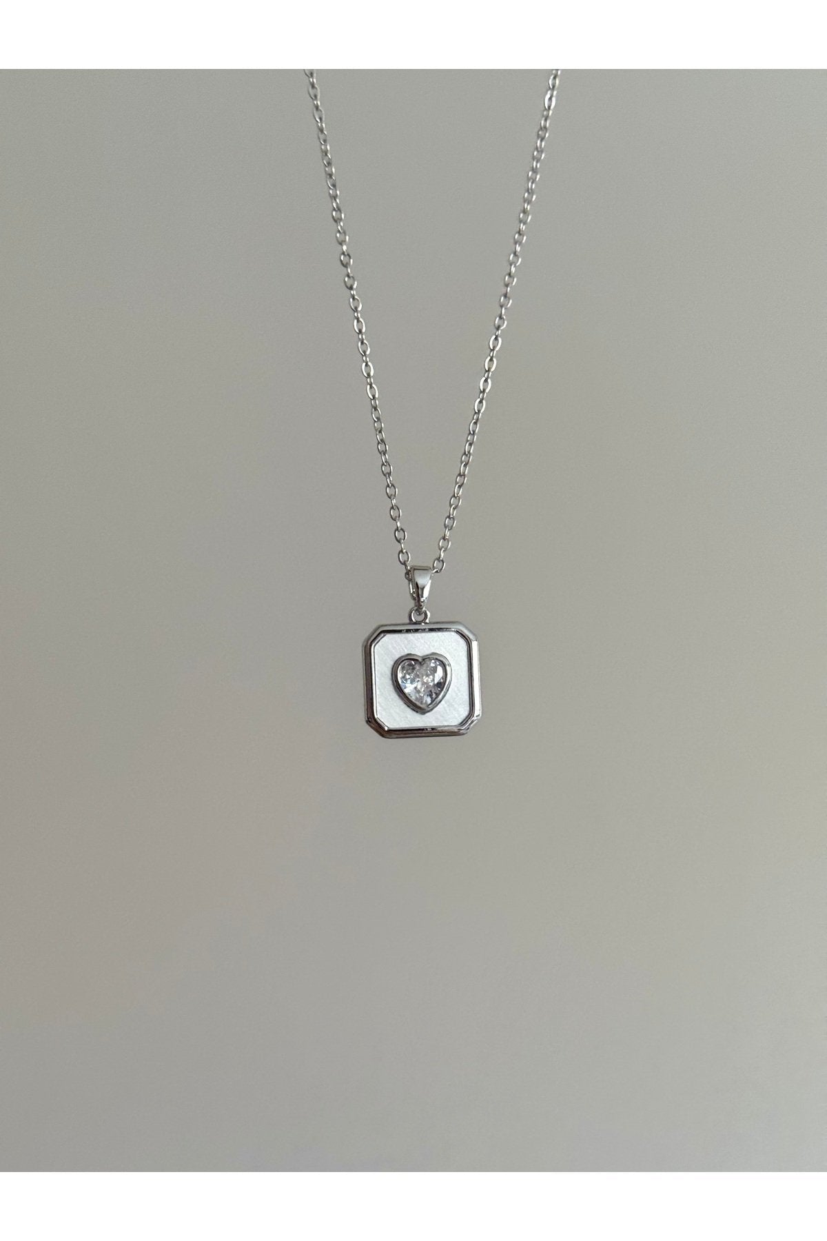 Steel Silver Color Stone-Set Square Medallion Heart Necklace