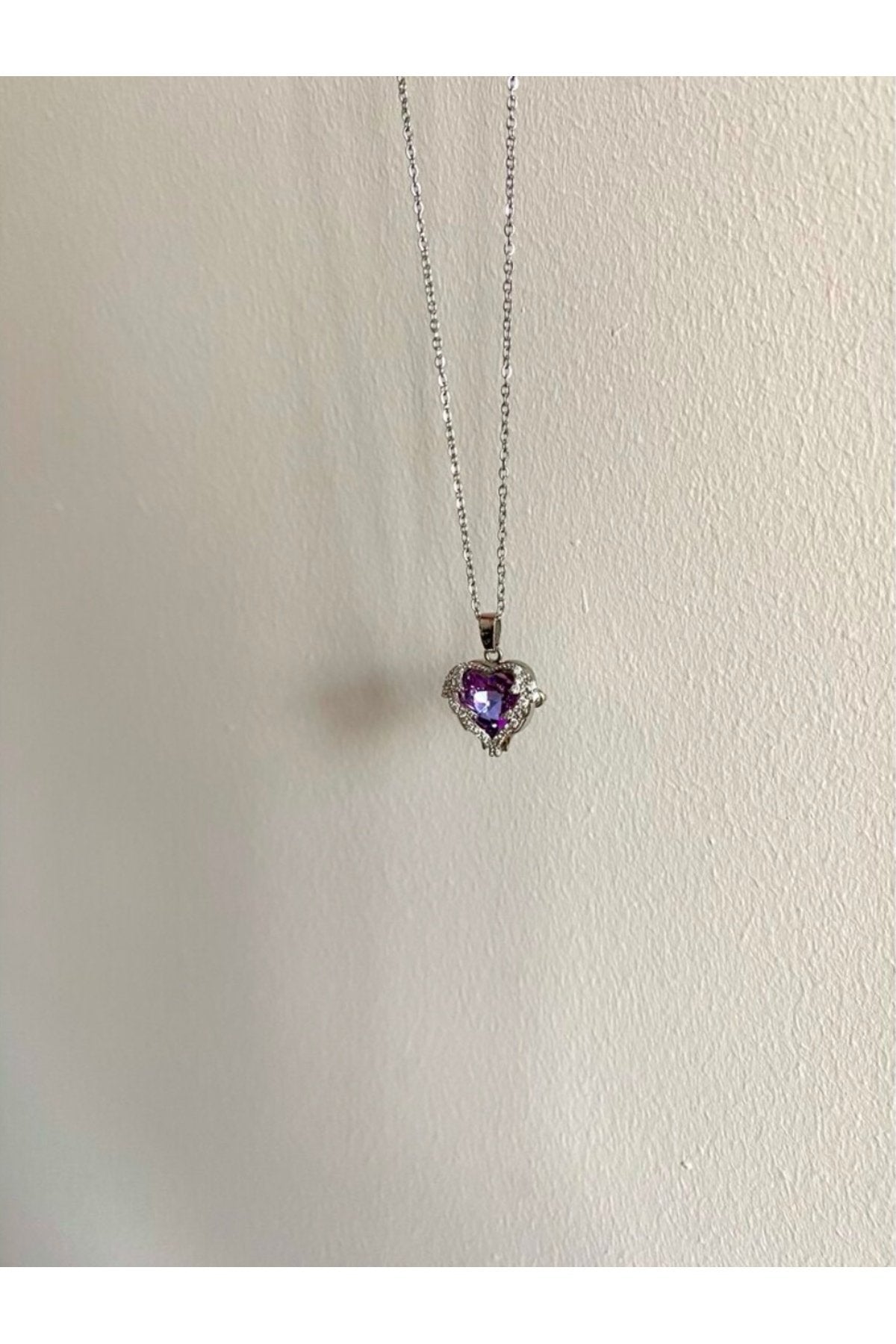 Steel Silver Colored Purple Stone Heart Necklace