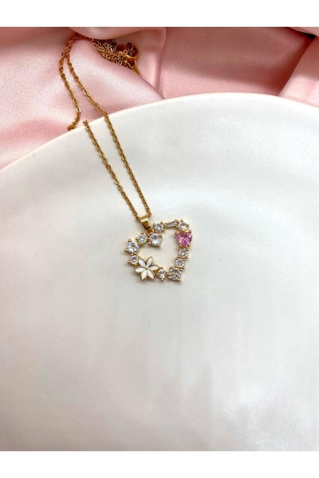 Steel Heart Necklace with Stone-Embellished Flower Motif