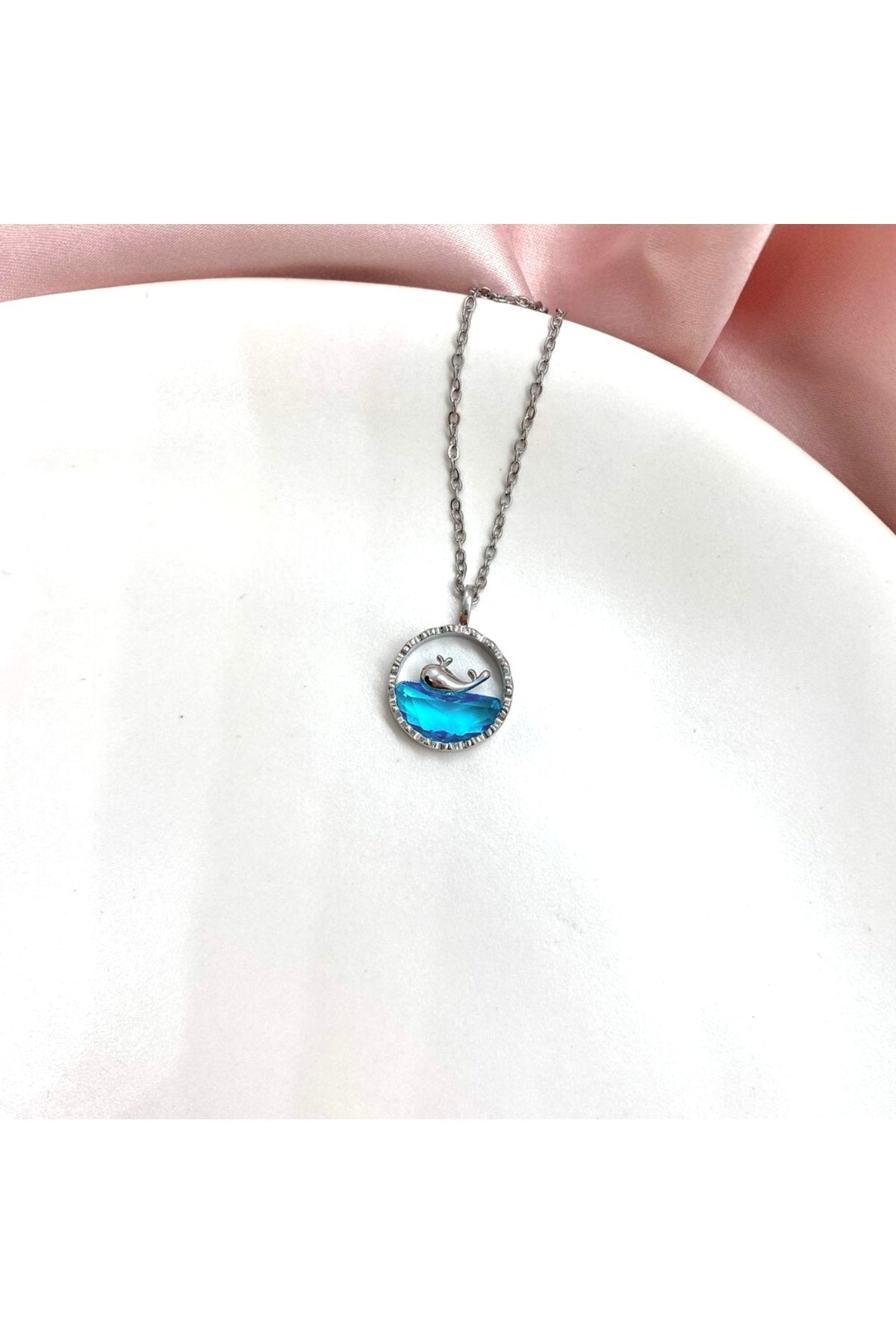 Steel Silver Color Blue Dolphin Necklace