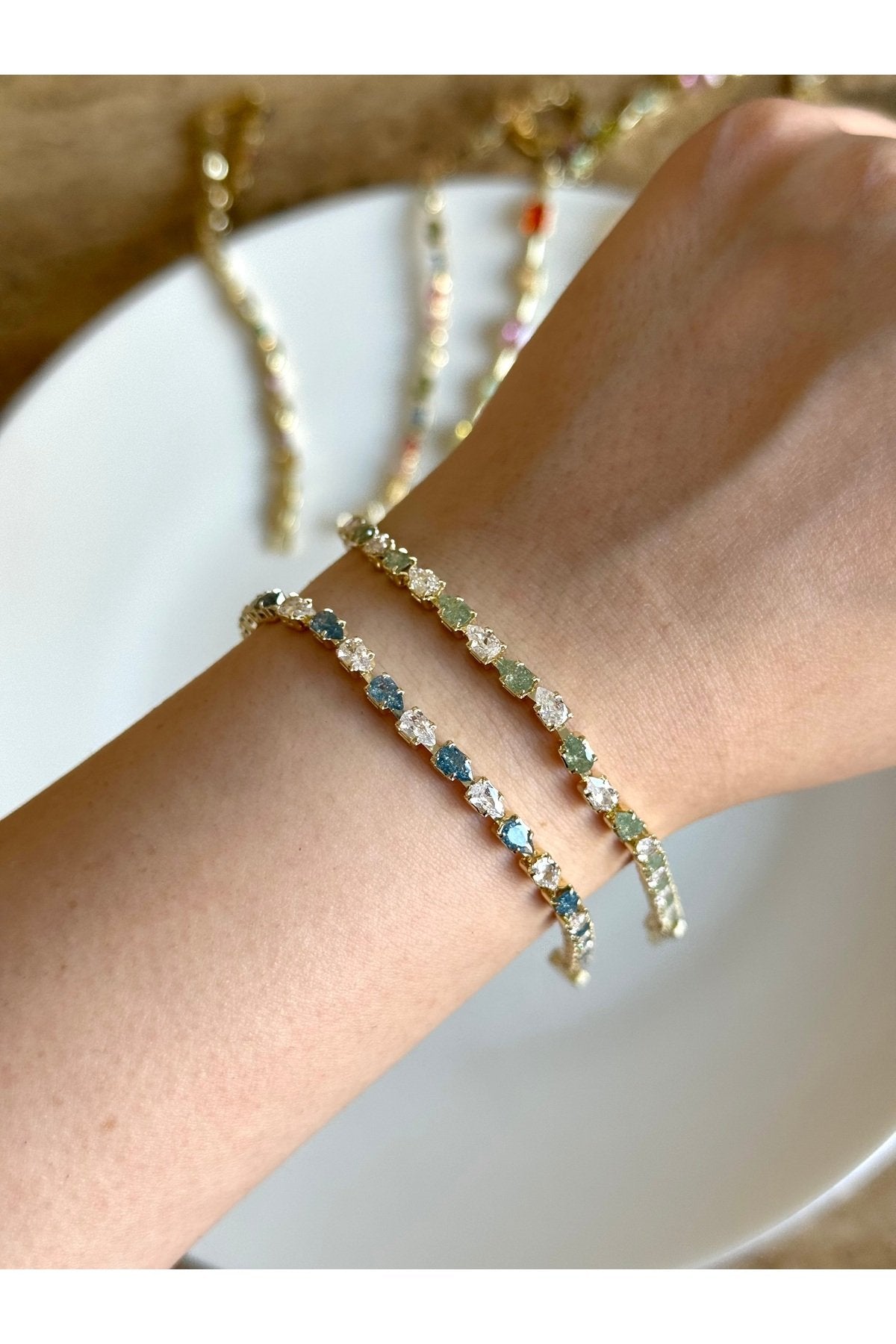 Gold Plated Green and Blue Zircon Stone Tennis Bracelet