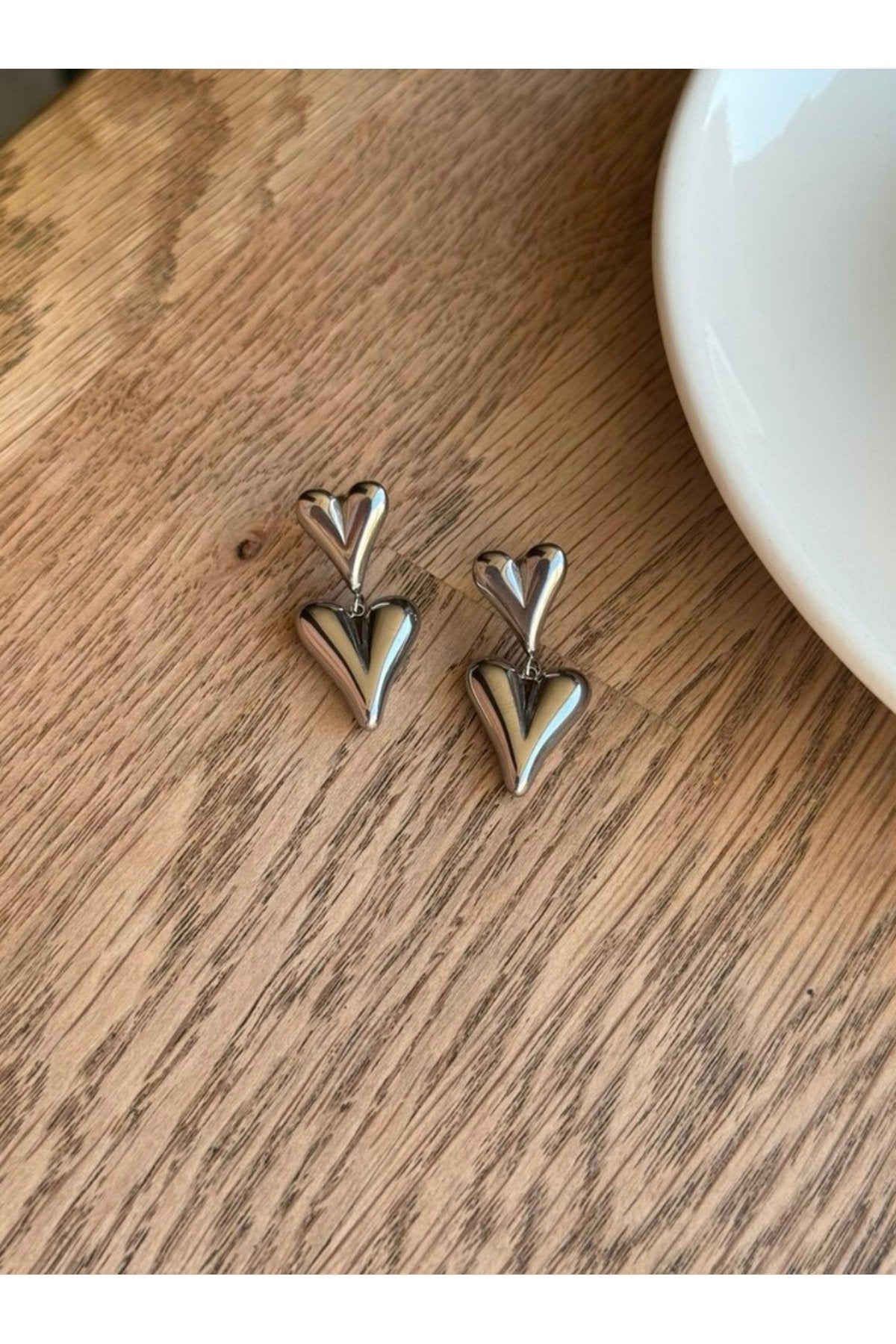 Steel Silver-Tone Heart Dangle Earrings
