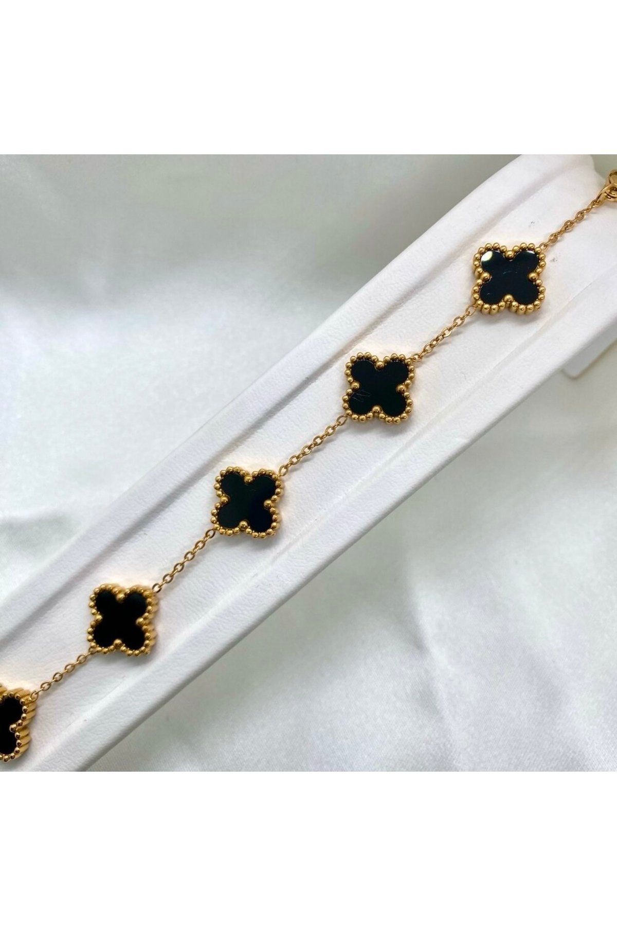 Steel Gold Tone Black Stone Clover Bracelet