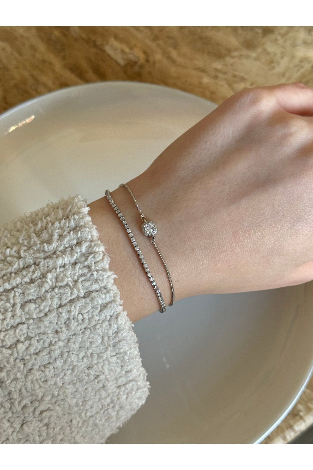 Silver Plated Zircon Stone Double Row Bracelet