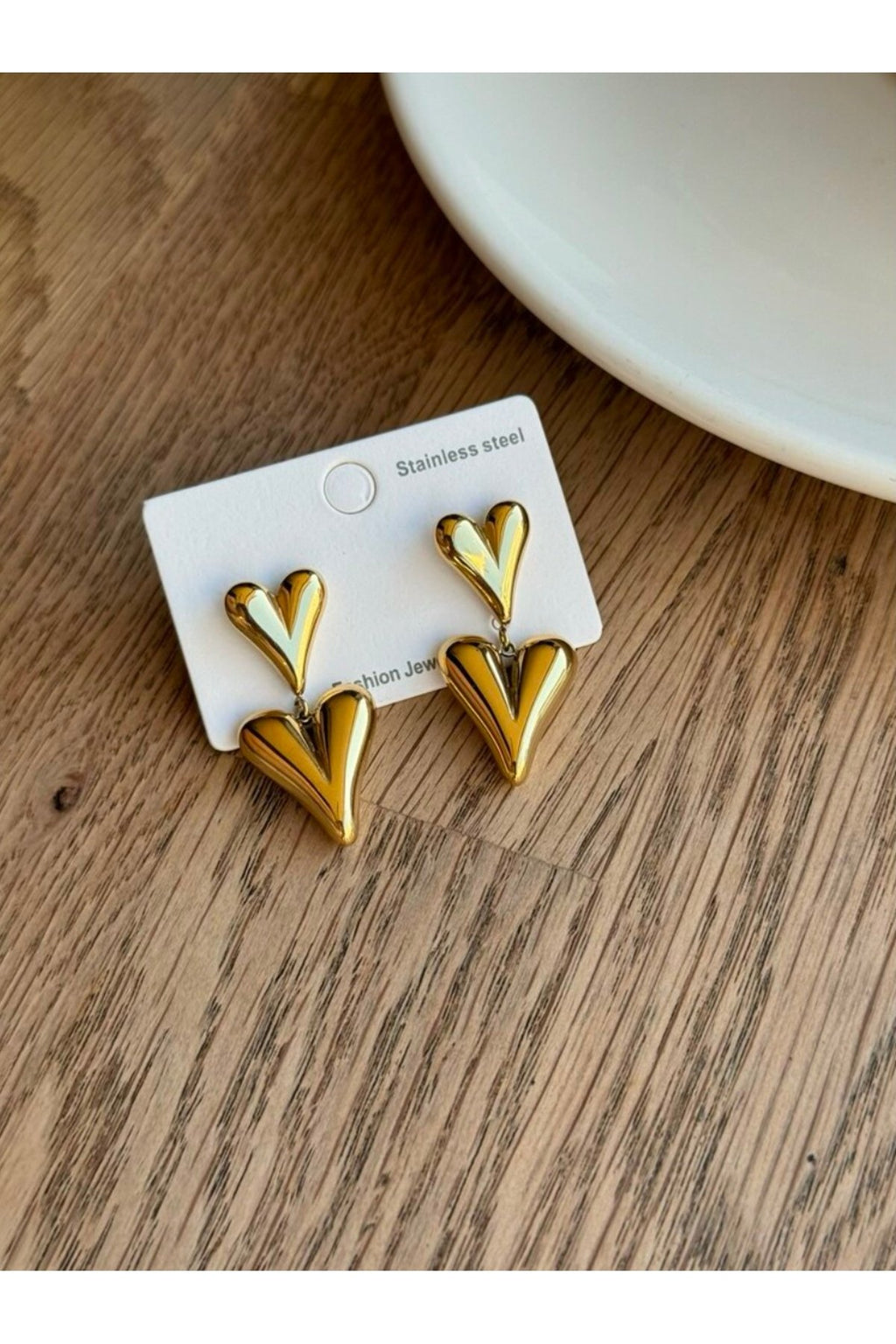 Steel Gold Tone Dangle Double Heart Earrings