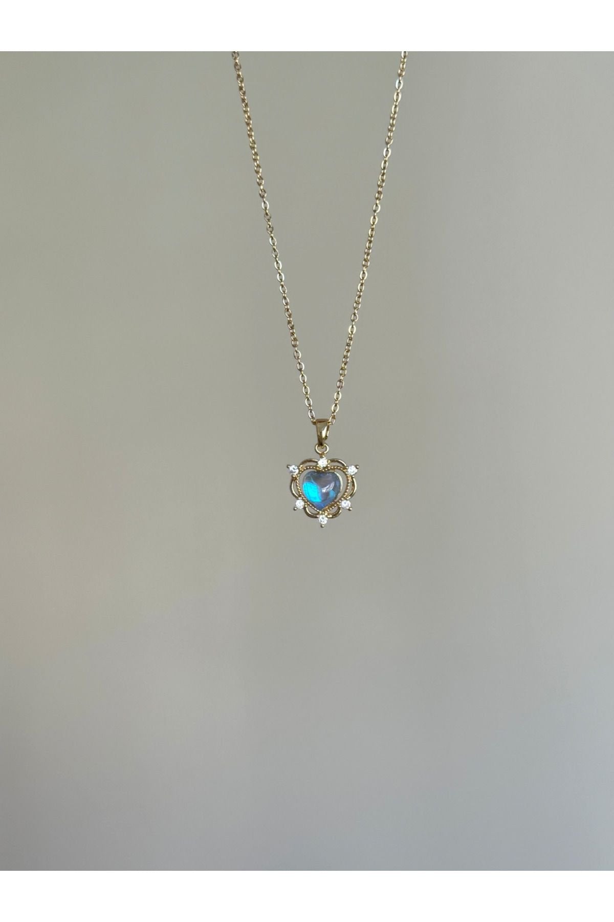 Steel Holographic Blue Stone Heart Necklace