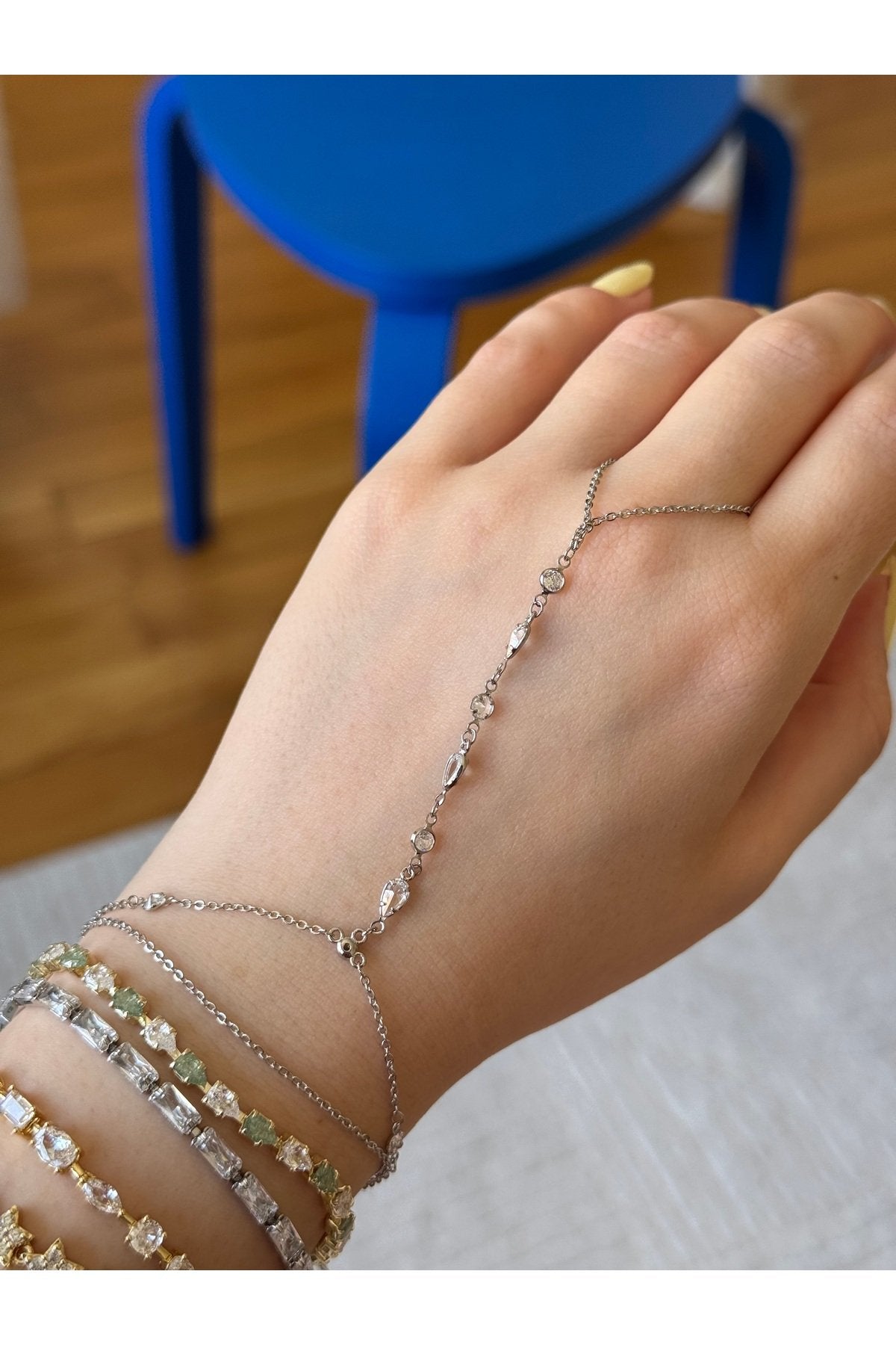Silver Plated Stone Hand Chain Bracelet