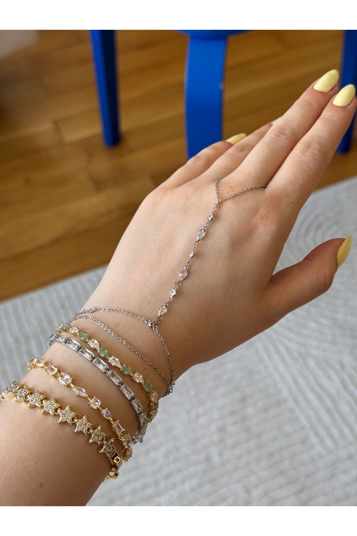 Silver Plated Stone Hand Chain Bracelet