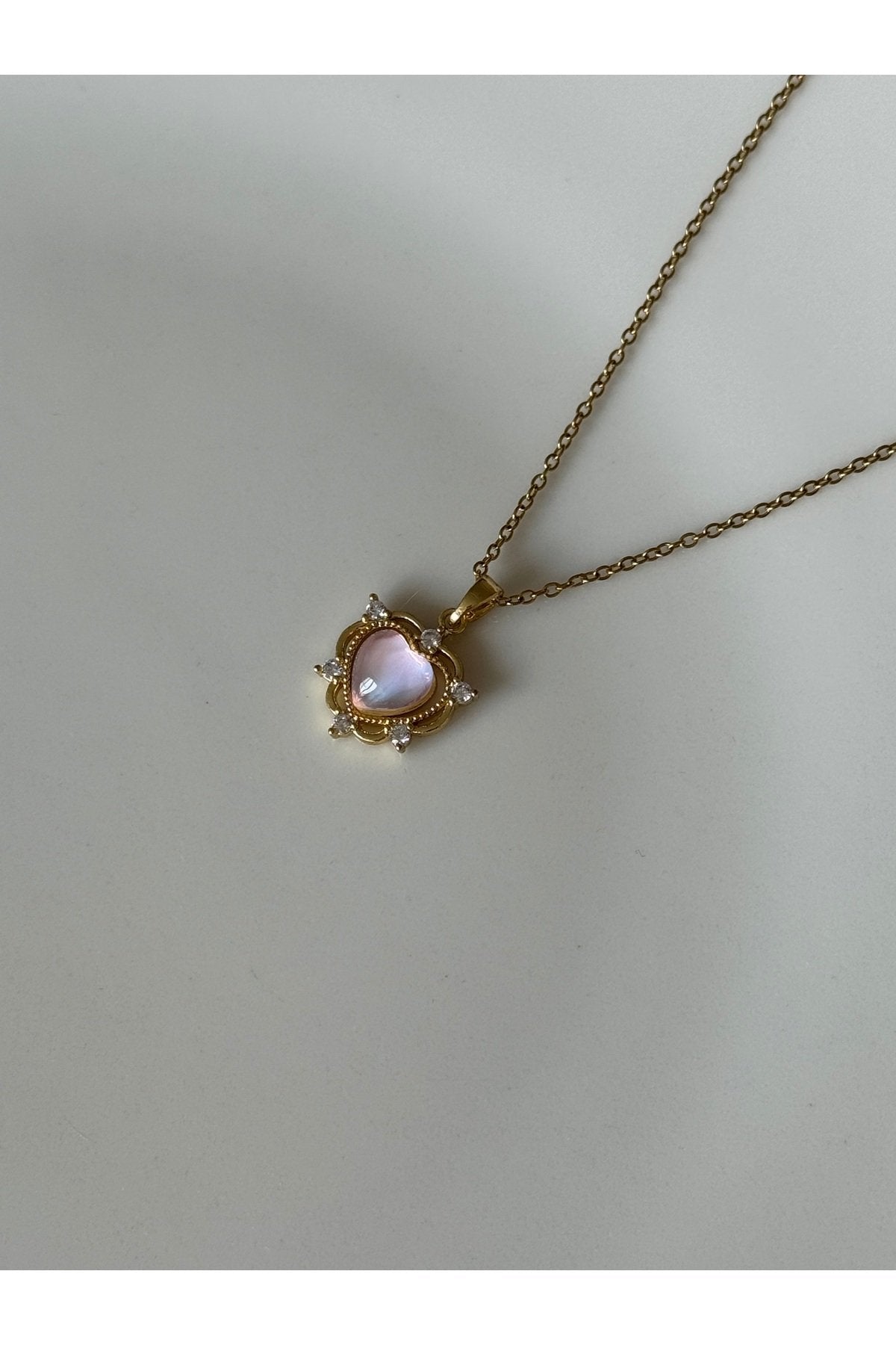 Steel Gold Colored White Hologram Heart Necklace