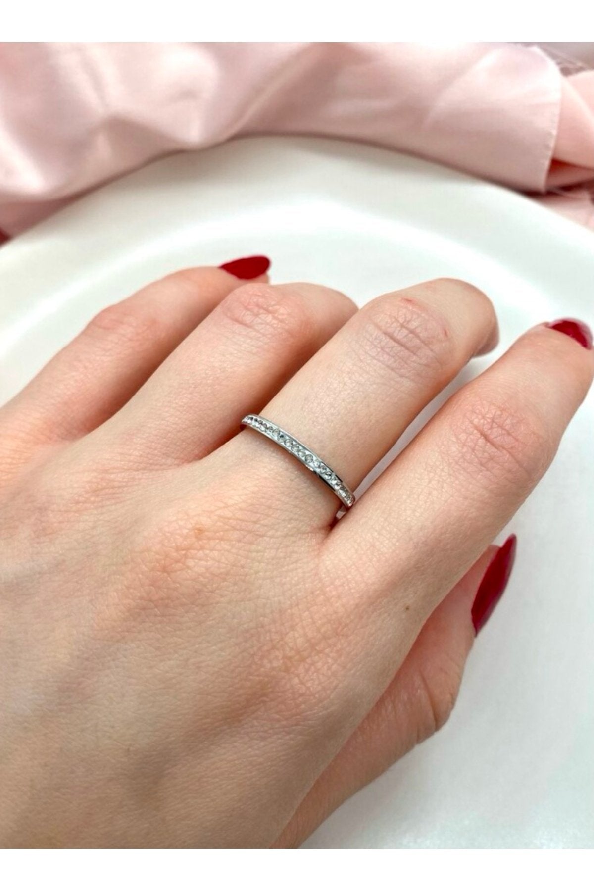 Steel Silver Tone Stone-Embellished Thin Minimalist Ring