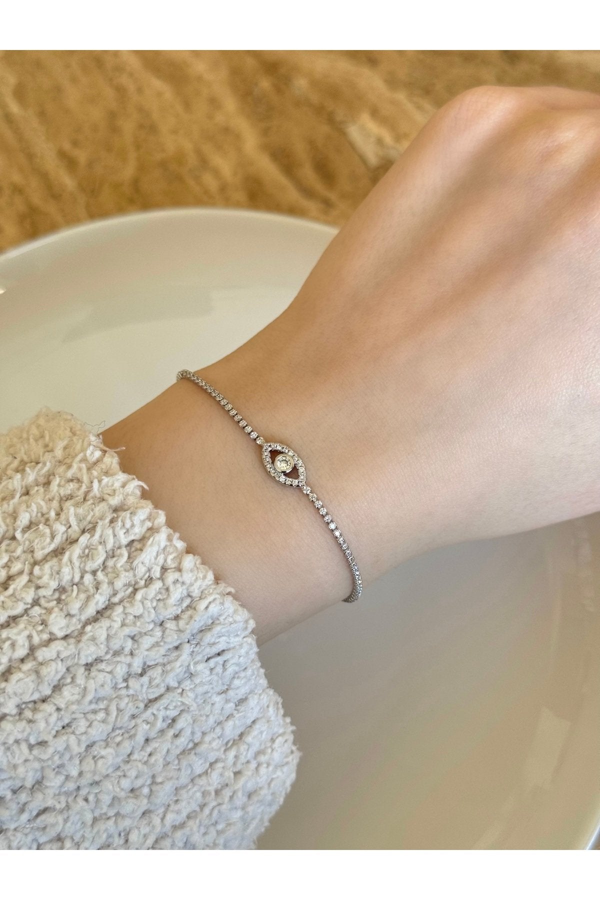 Silver Plated Zircon Stone Eye Motif Tennis Bracelet