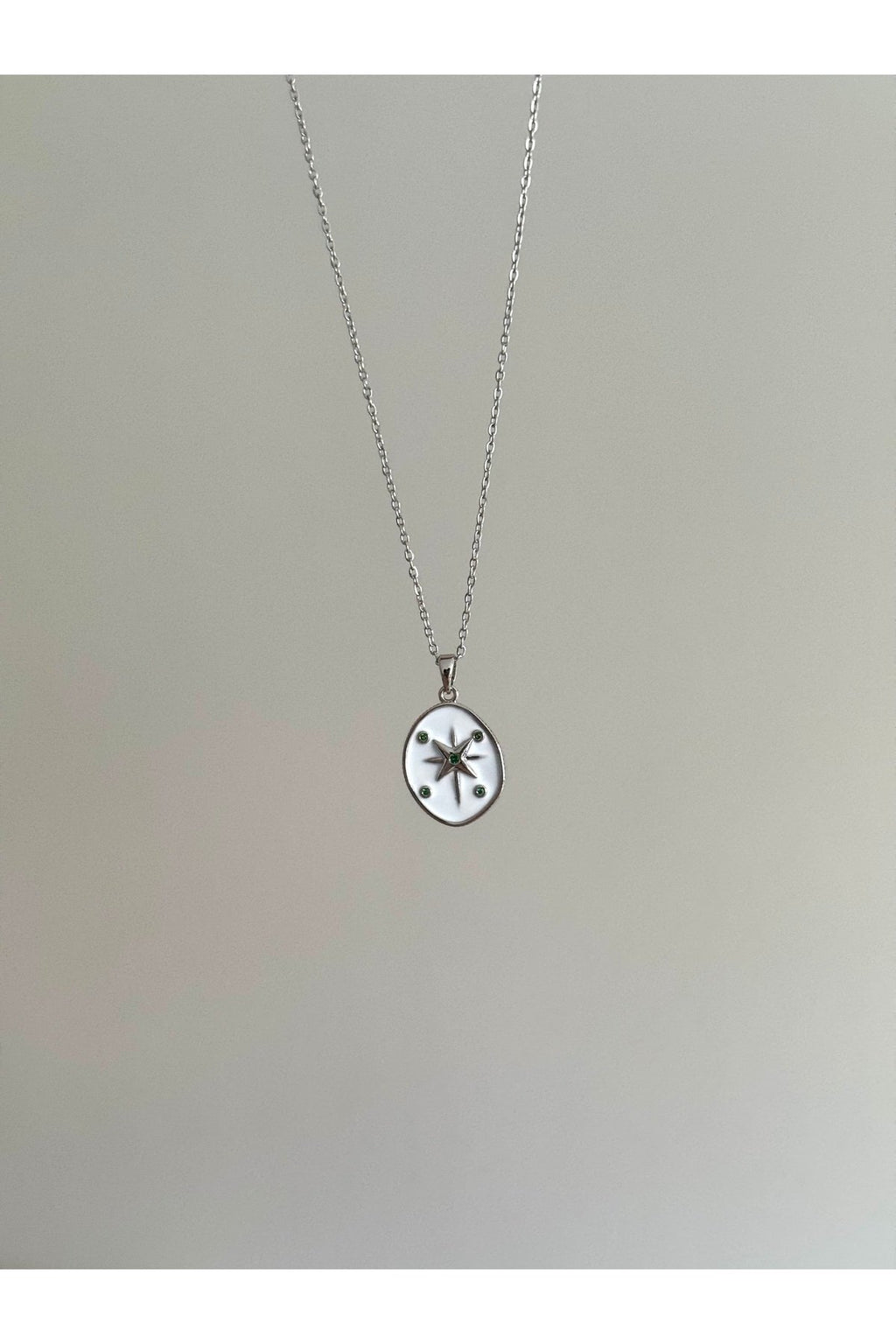 Steel Silver Tone Green Stone Star Necklace