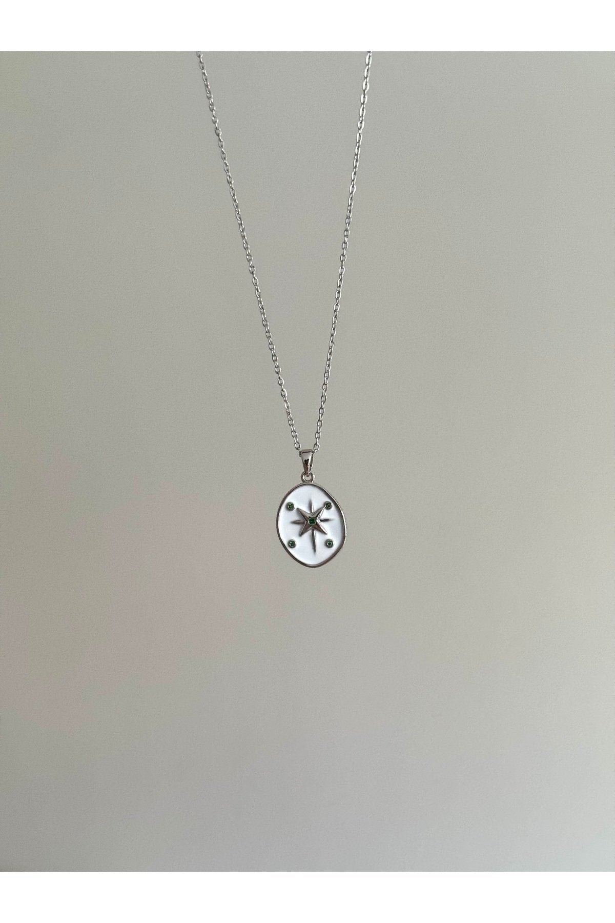 Steel Silver Tone Green Stone Star Necklace