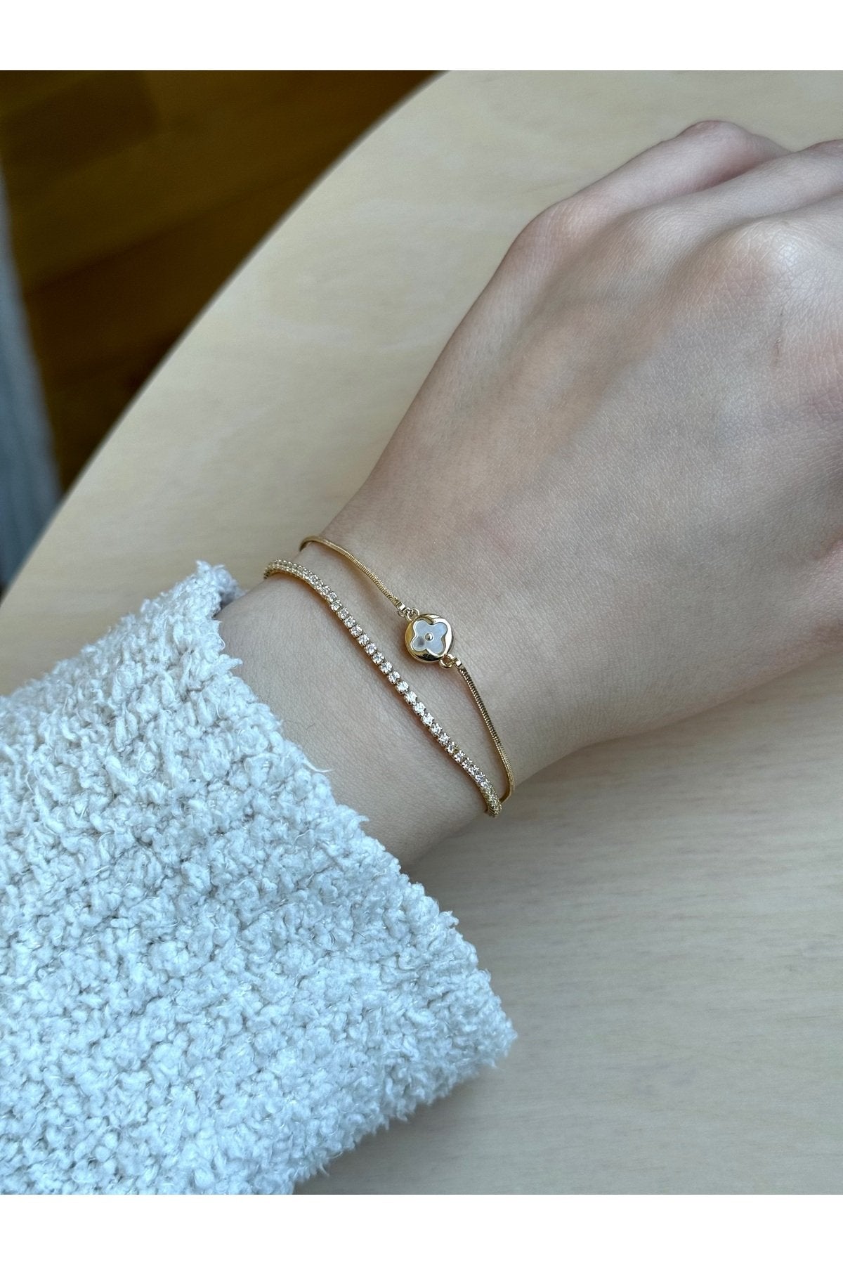 Gold Plated Double Row Tennis and Clover Bracelet