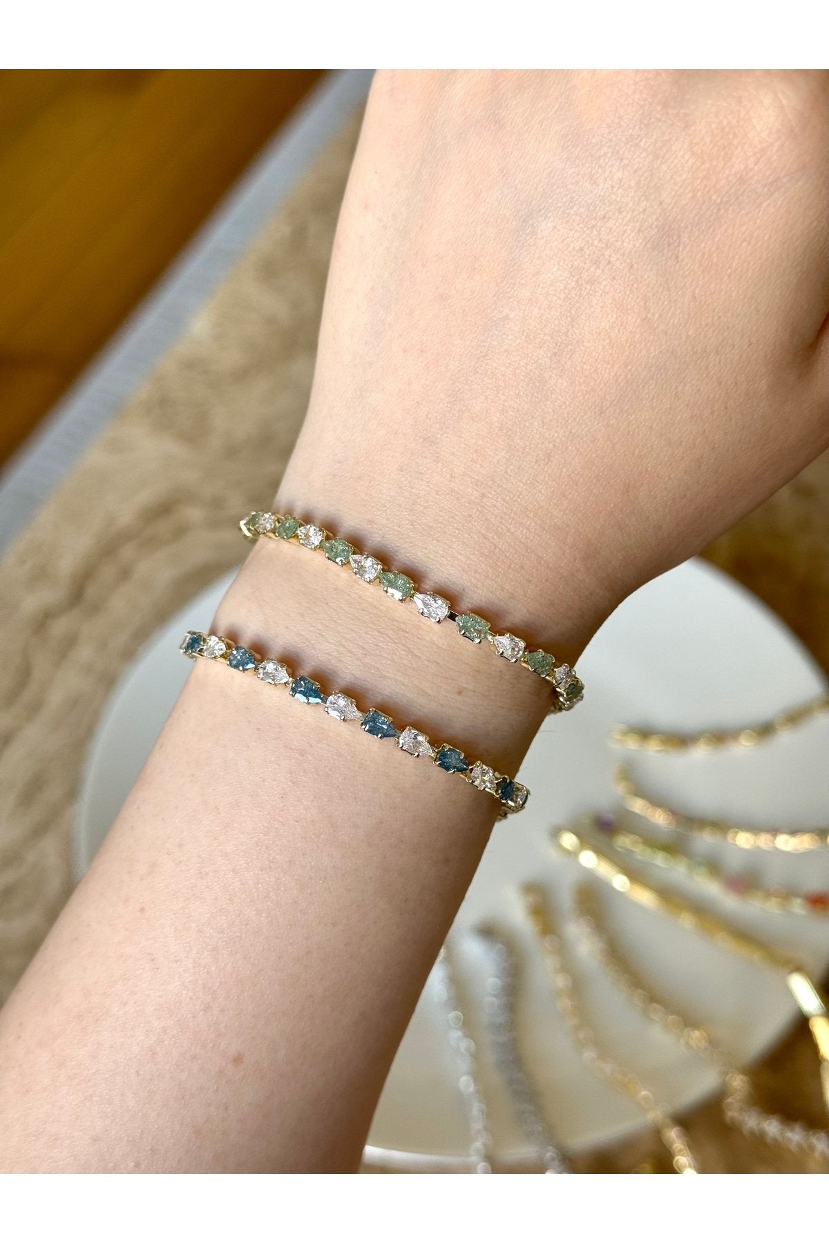 Gold Plated Green and Blue Zircon Stone Tennis Bracelet