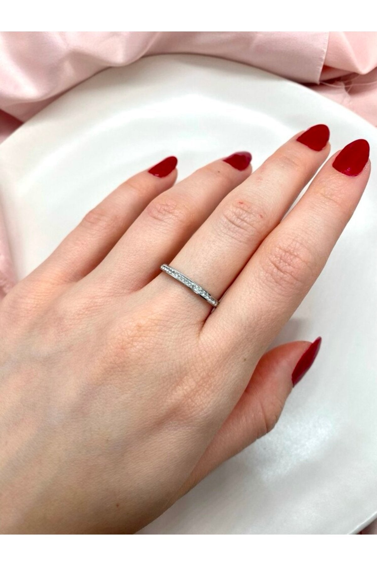 Steel Silver Tone Stone-Embellished Thin Minimalist Ring