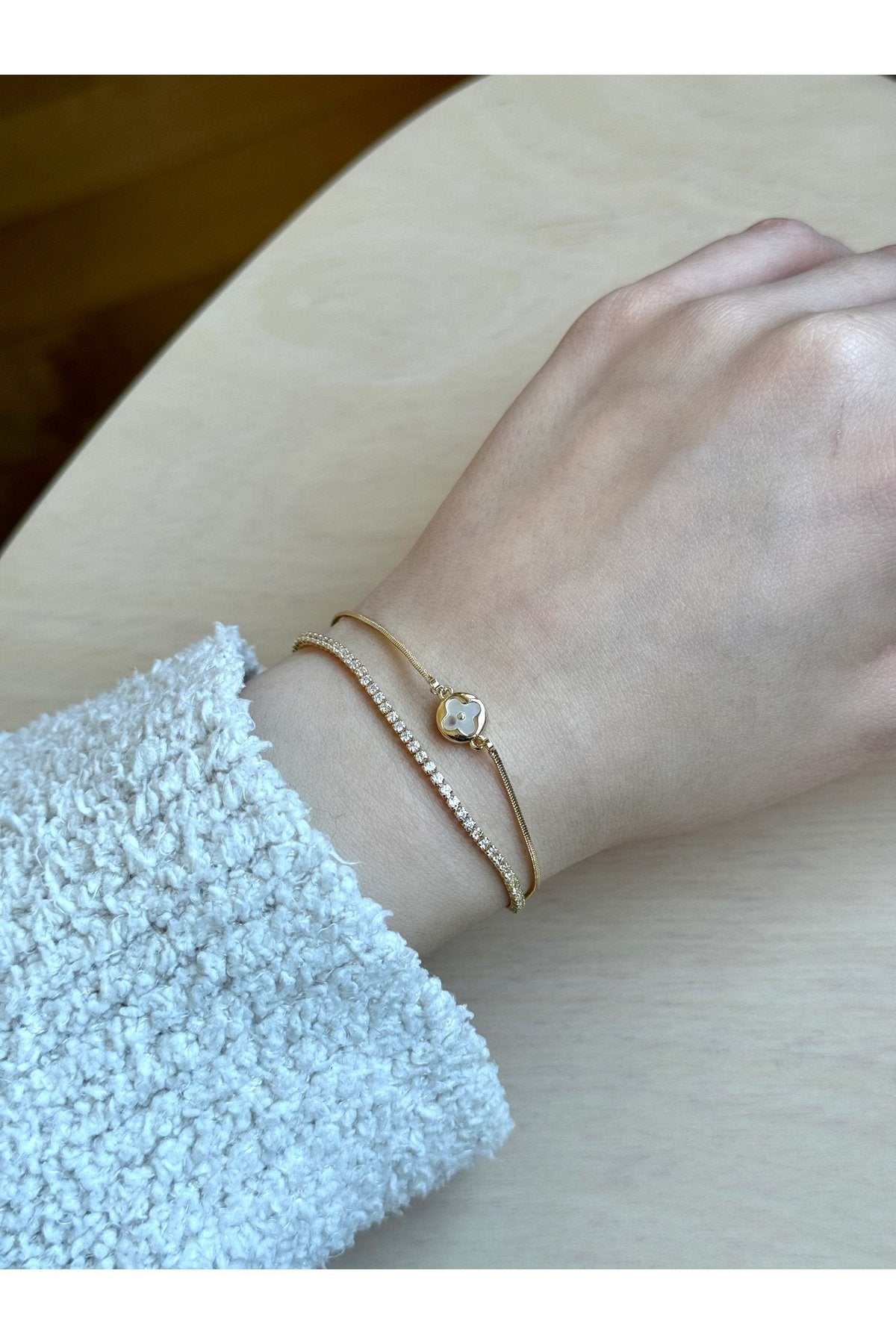 Gold Plated Double Row Tennis and Clover Bracelet