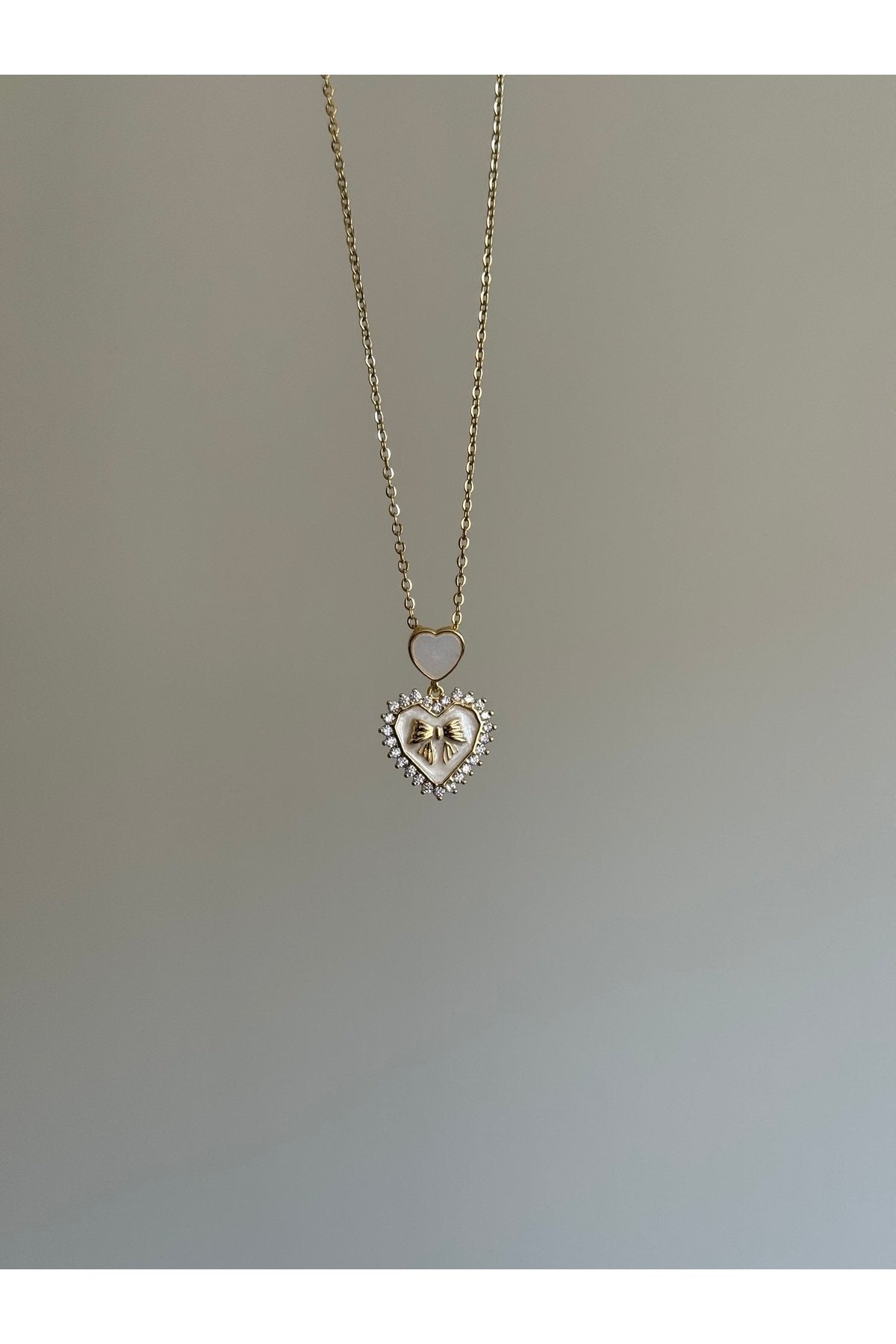 Steel Gold Color Stone Ribbon Heart Necklace