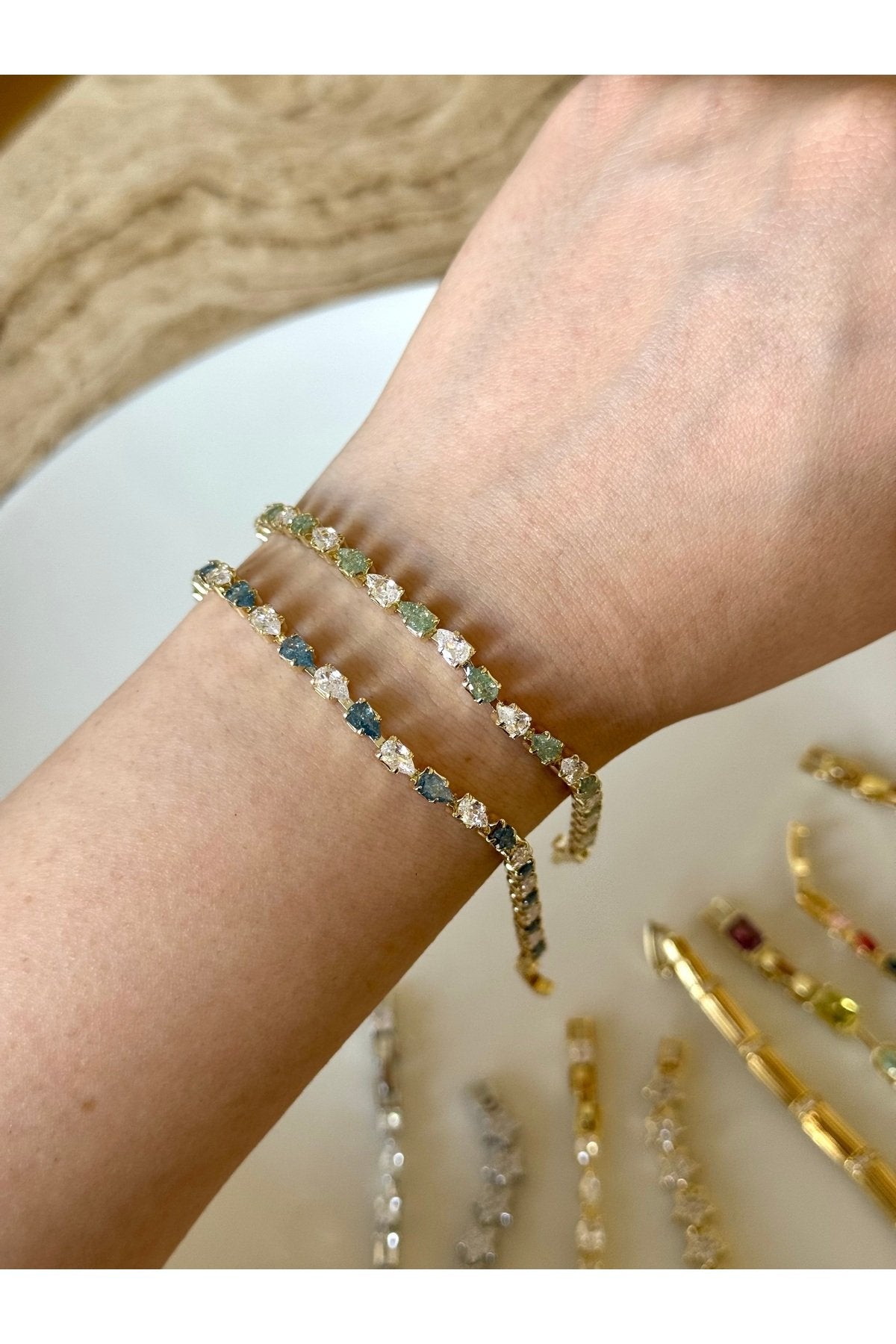 Gold Plated Green and Blue Zircon Stone Tennis Bracelet
