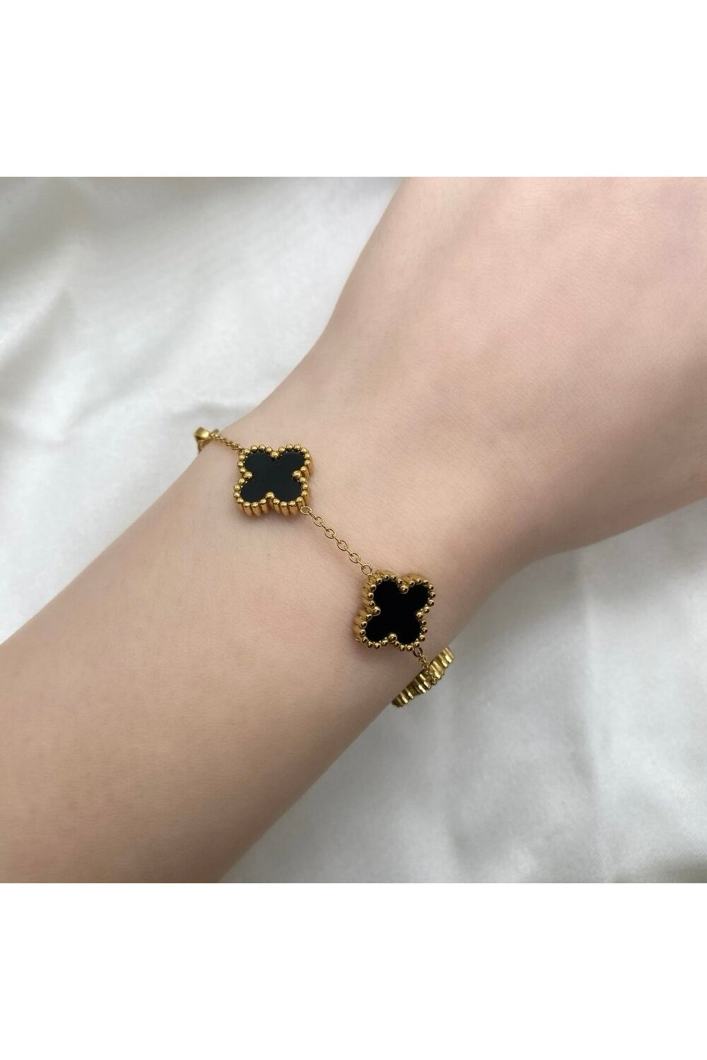 Steel Gold Tone Black Stone Clover Bracelet