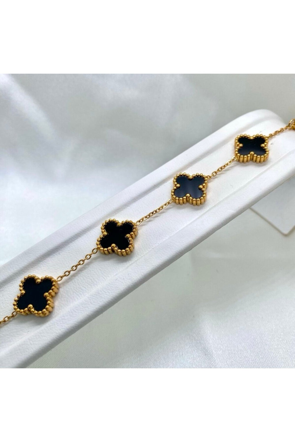 Steel Gold Tone Black Stone Clover Bracelet