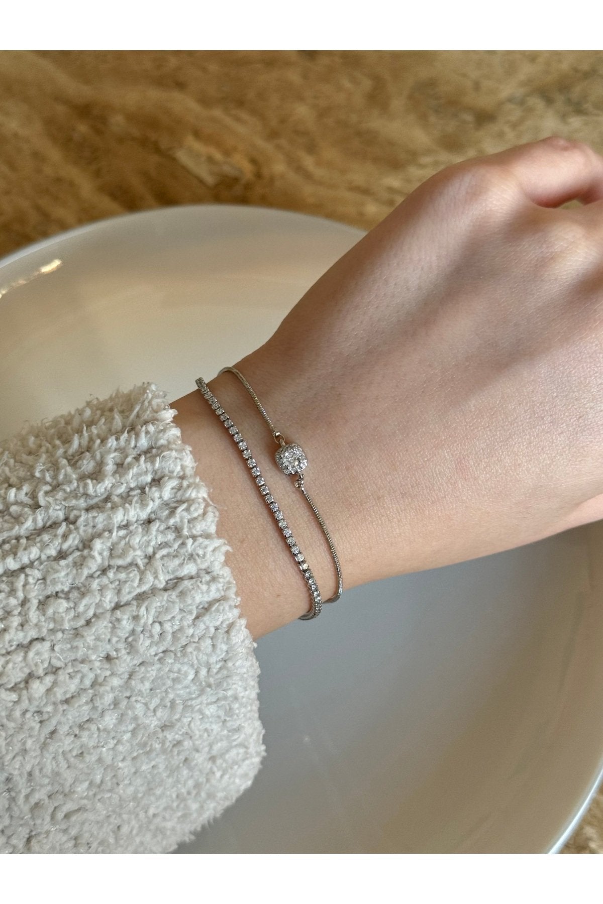 Silver Plated Zircon Stone Double Row Bracelet