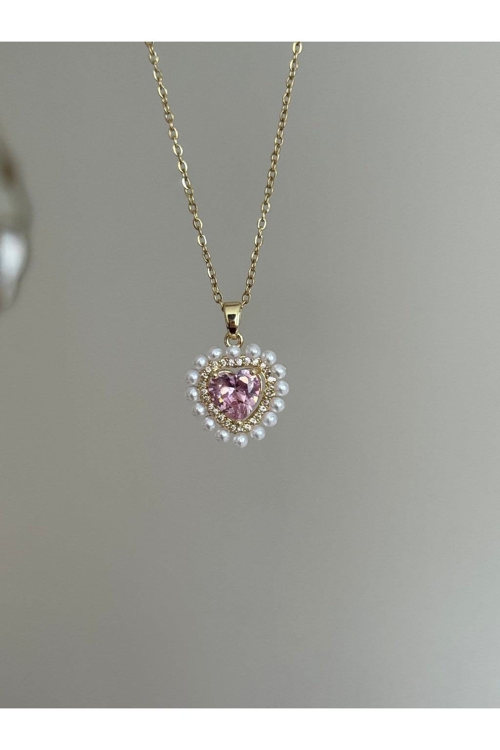 Steel Gold Color Pink Heart Necklace