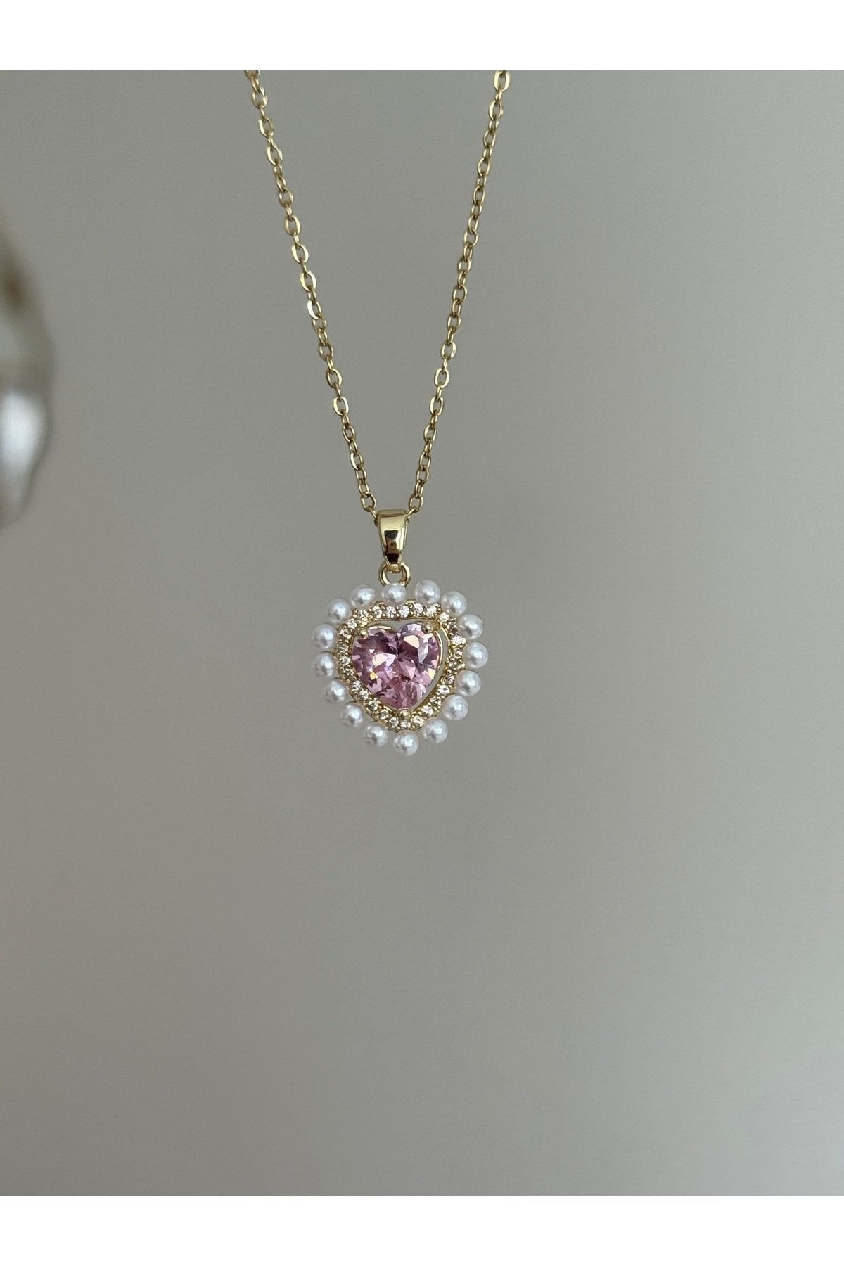 Steel Gold Color Pink Heart Necklace