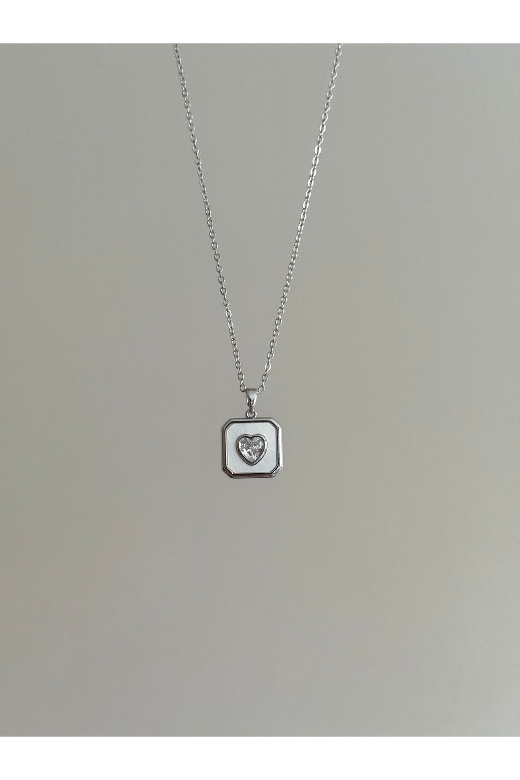 Steel Silver Color Stone-Set Square Medallion Heart Necklace